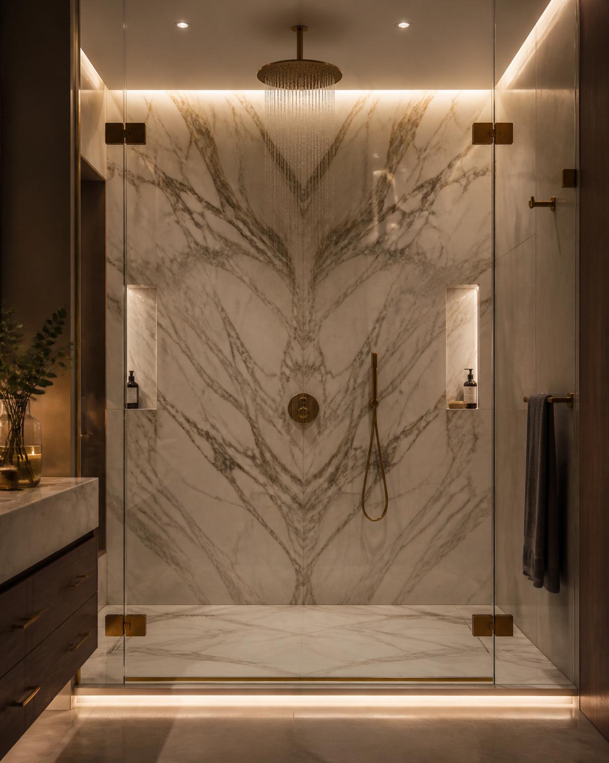 Book-matched marble luxury shower